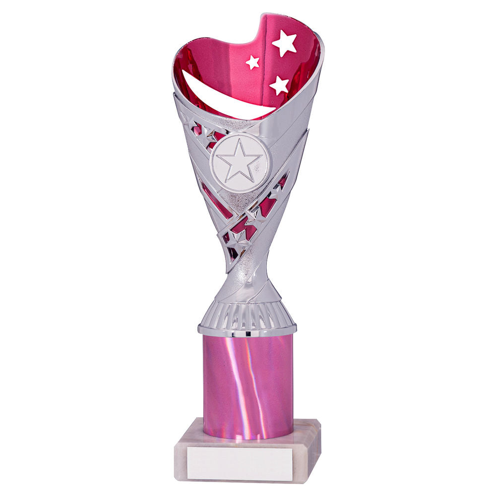 PINK/SILVER PLASTIC SABRE CUP ASSEMBLED ON MARBLE (1in CEN) - 11in