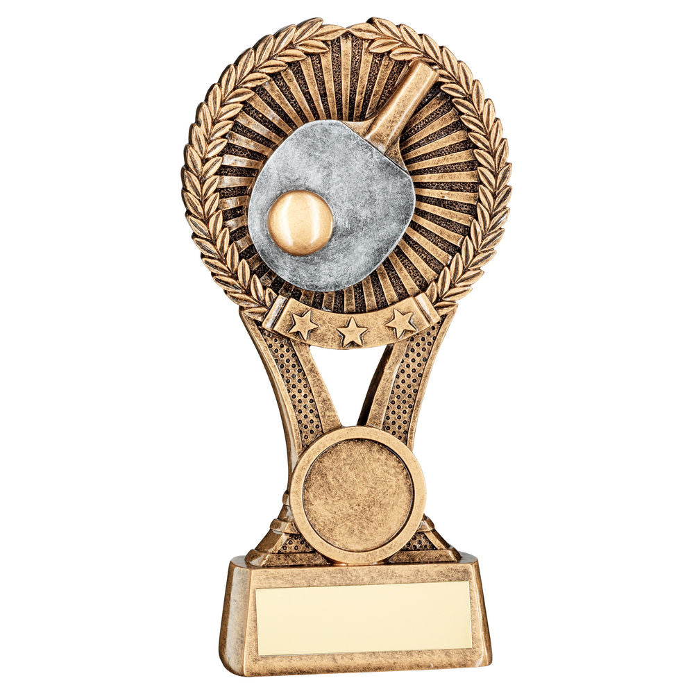 BRZ/GOLD/PEW TABLE TENNIS ROUND WREATH ON V RISER WITH PLATE (1in CEN) - 5in