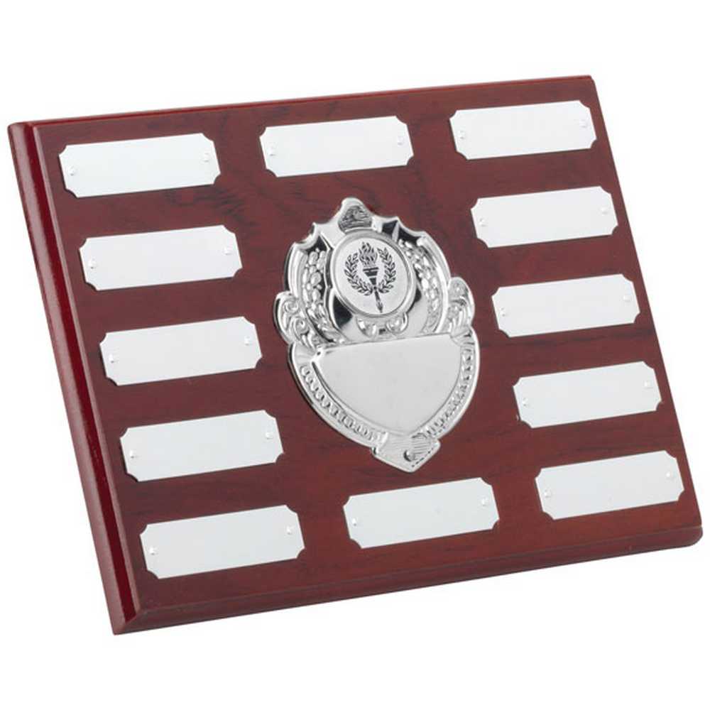 ROSEWOOD PLAQUE WITH CHROME FRONTS AND PLATES (1in CEN) 12 PLATES - 6 x 8in