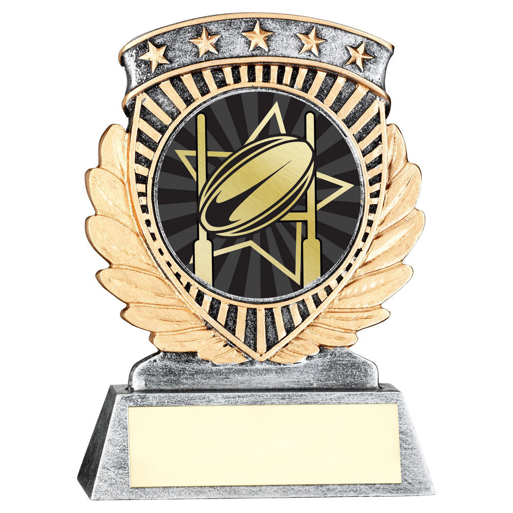 PEW/GOLD 5 STAR HOLDER WITH VINYL RUGBY INSERT & PLATE - 3.75in