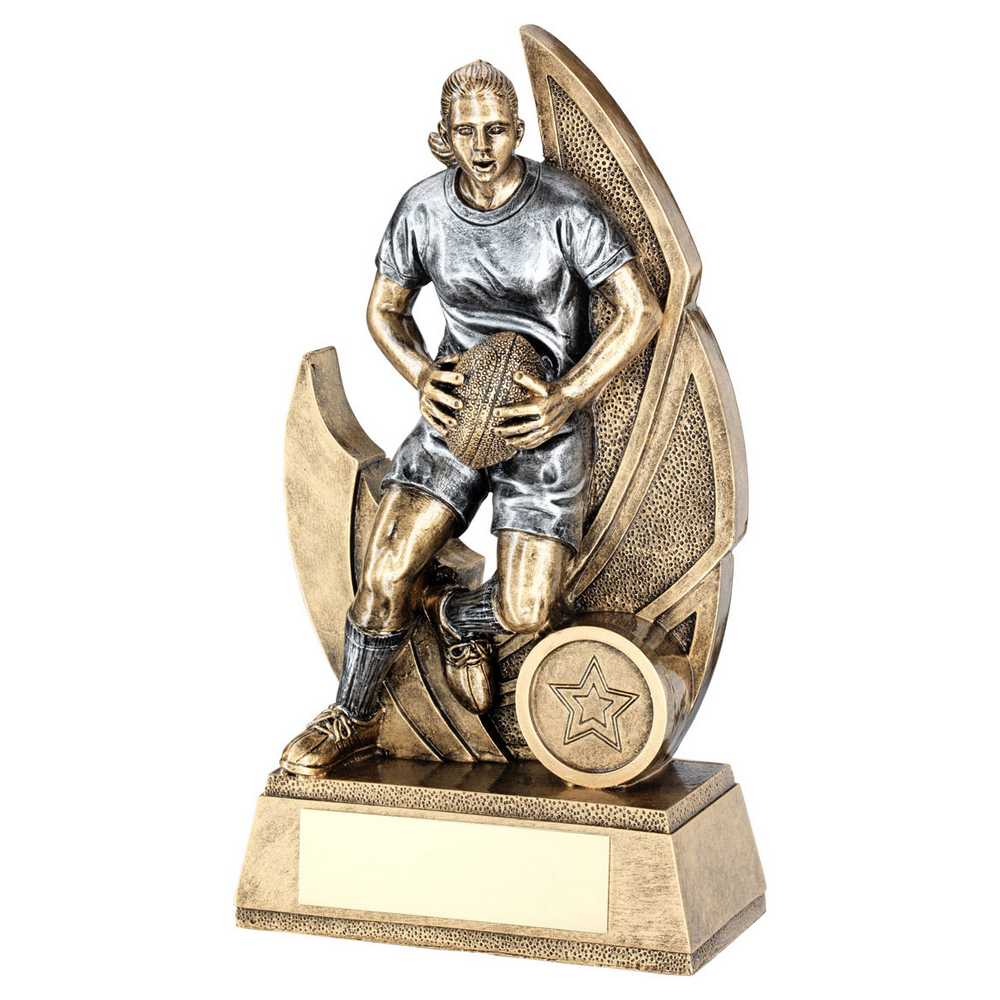 BRZ/PEW FEMALE RUGBY FIGURE ON BACKDROP WITH PLATE (1in CENTRE) - 7.25in