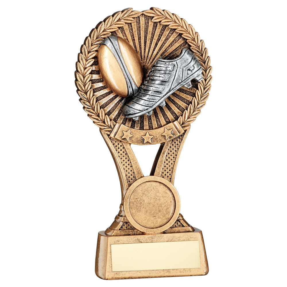 BRZ/GOLD/PEW RUGBY ROUND WREATH ON V RISER WITH PLATE (1in CEN) - 5in