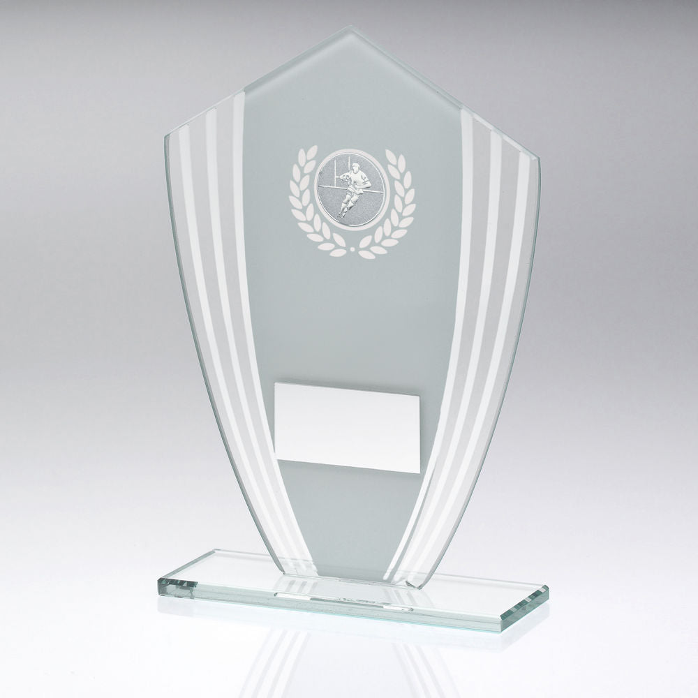 WHITE/SILVER GLASS SHIELD PLAQUE WITH RUGBY INSERT & PLATE - 8in