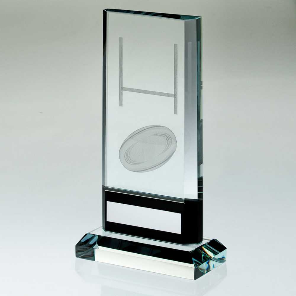 CLEAR/BLACK GLASS WITH LASERED RUGBY IMAGE AND PLATE (15mm THICK) - 7.5in