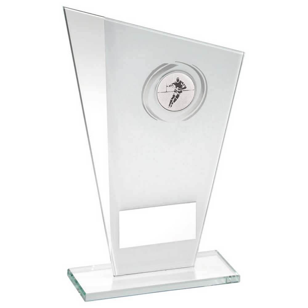 WHITE/SILVER PRINTED GLASS PLAQUE WITH RUGBY INSERT WITH PLATE - 6.5in