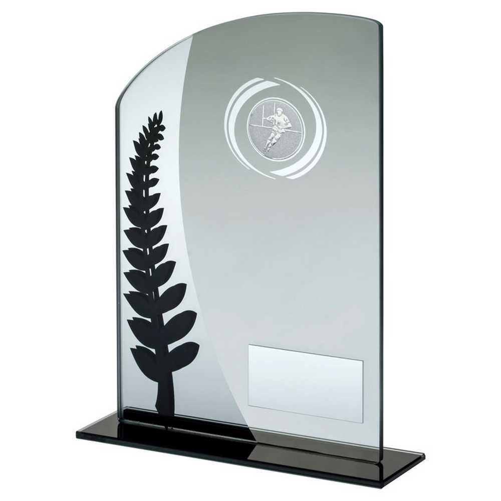 JADE GLASS PLAQUE WITH BLACK/SILVER DETAIL WITH RUGBY INSERT AND PLATE - 7.25in