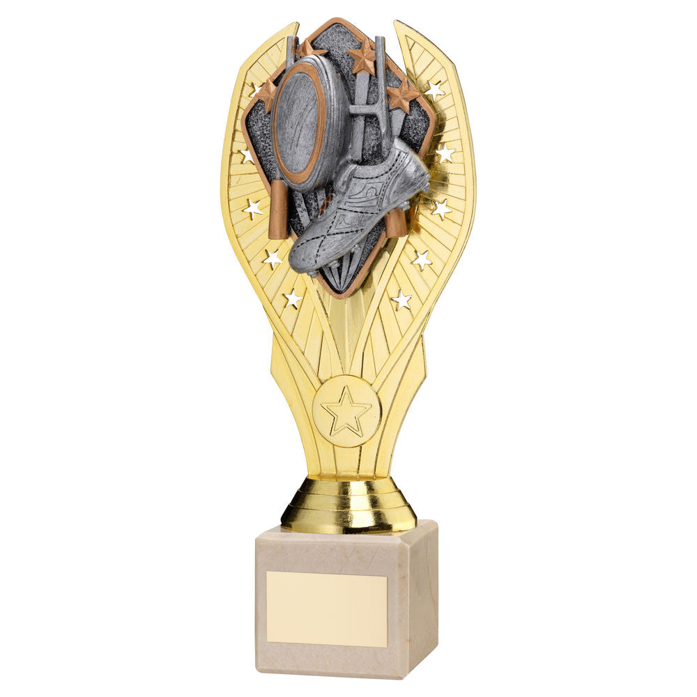 GOLD PLASTIC HOLDER + RUGBY DISC ON CREAM MARBLE TROPHY (1in CEN) - 8.25in