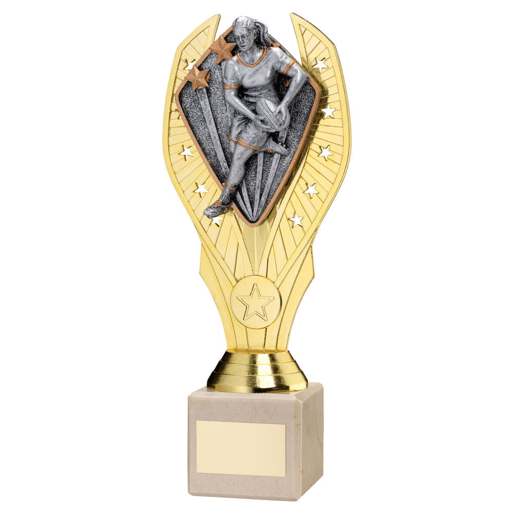 GOLD PLASTIC HOLDER + FEMALE RUGBY DISC ON CREAM MARBLE TROPHY (1in CEN) - 10in