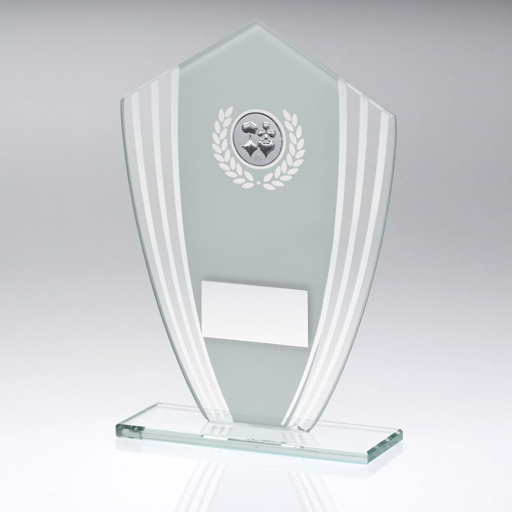 WHITE/SILVER GLASS SHIELD PLAQUE WITH CARDS INSERT & PLATE - 8in