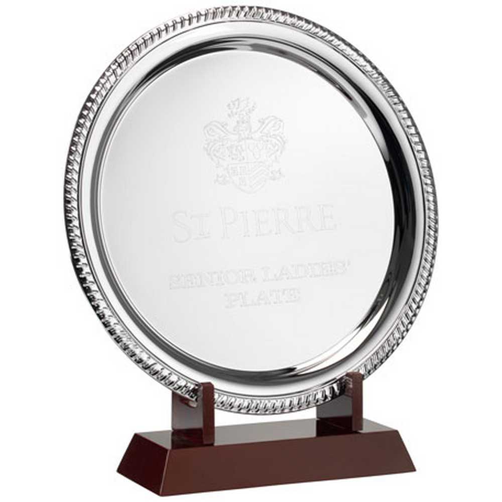 SILVER PLATED 'ROPE' SALVER (12.25") ON WOODEN STAND - 13.75in