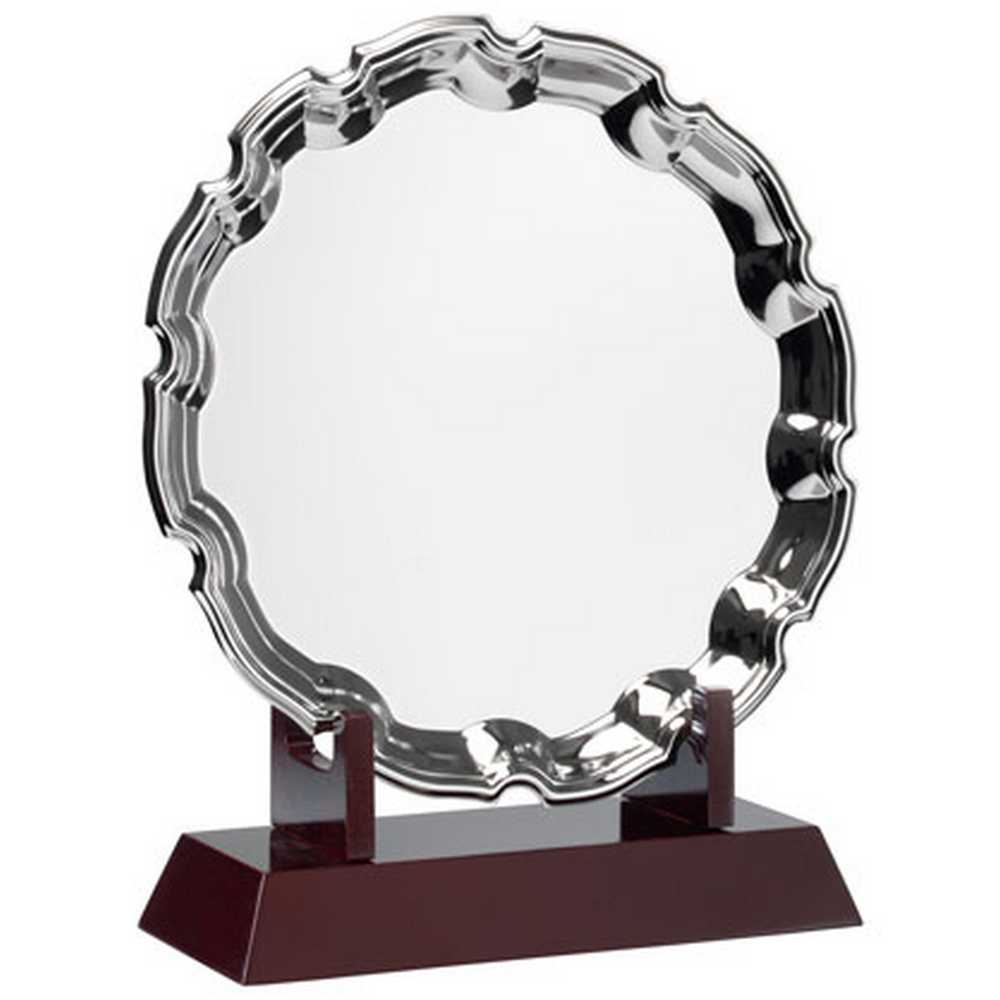 SILVER PLATED 'CHIPPENDALE' SALVER (8") ON WOODEN STAND - 9.5in