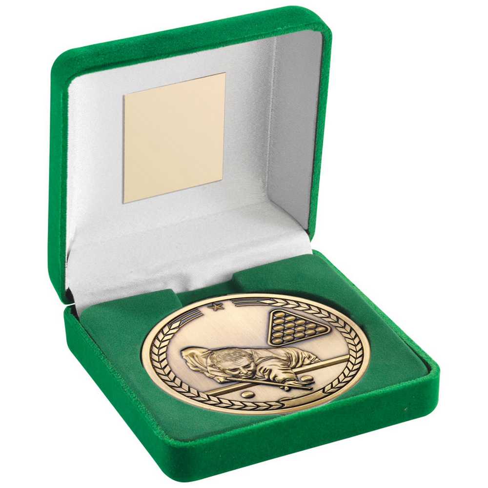 GREEN VELVET BOX AND 70mm MEDALLION POOL/SNOOKER TROPHY ANTIQUE GOLD - 4in