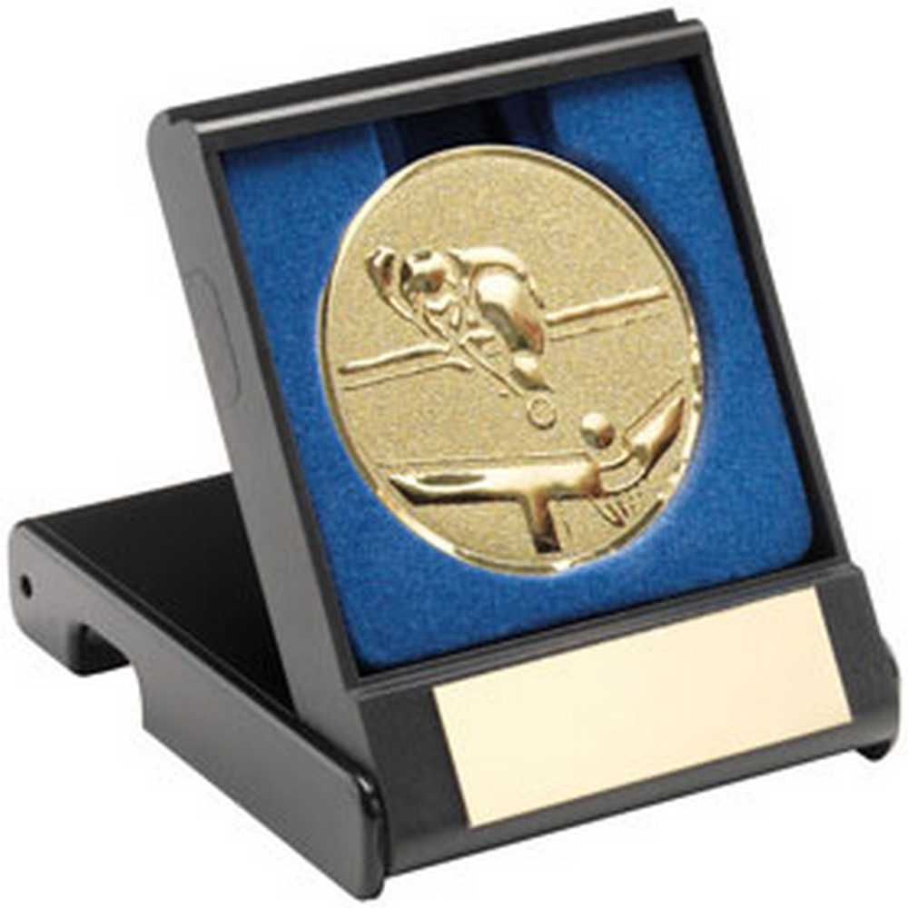 BLACK PLASTIC BOX WITH POOL/SNOOKER INSERT TROPHY GOLD - 3.5in