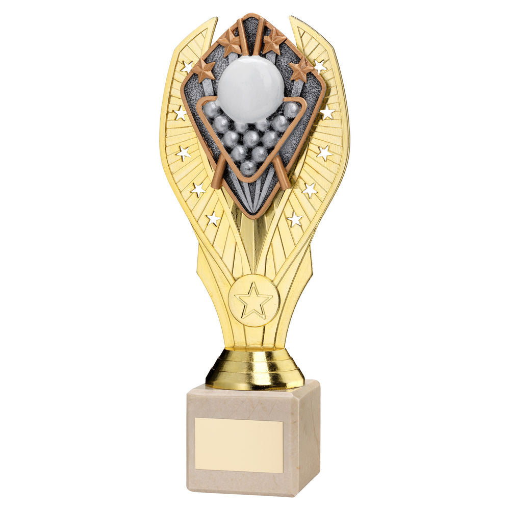 GOLD PLASTIC HOLDER + SNOOKER DISC ON CREAM MARBLE TROPHY (1in CEN) - 9in