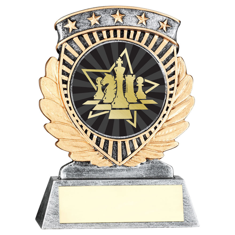 PEW/GOLD 5 STAR HOLDER WITH VINYL CHESS INSERT & PLATE - 3.75in