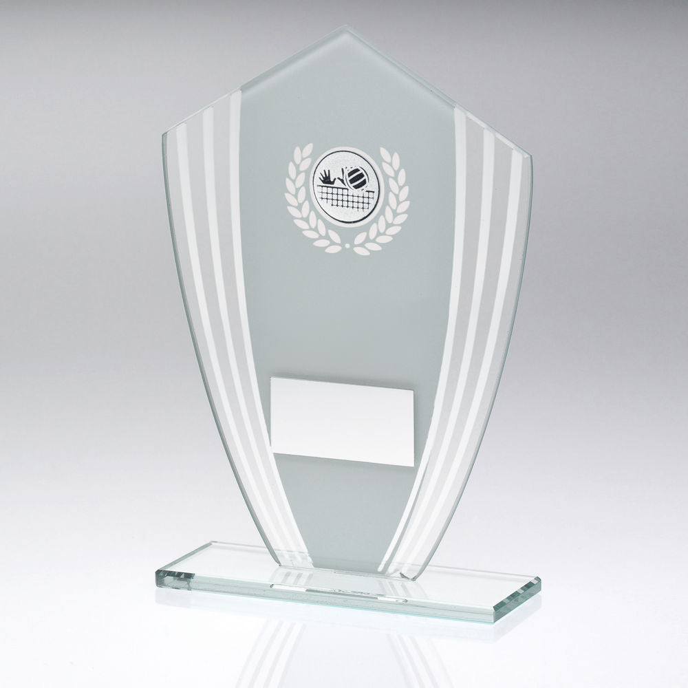 WHITE/SILVER GLASS SHIELD PLAQUE WITH VOLLEYBALL INSERT & PLATE - 8in