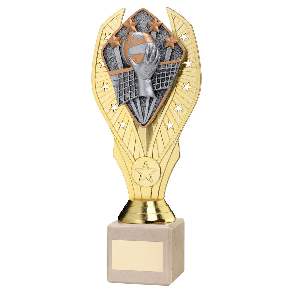 GOLD PLASTIC HOLDER + VOLLEYBALL DISC ON CREAM MARBLE TROPHY (1in CEN) - 9in