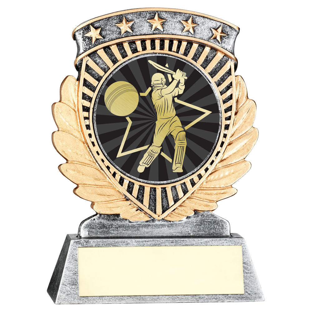 PEW/GOLD 5 STAR HOLDER WITH VINYL CRICKET BATSMAN INSERT & PLATE - 3.75in