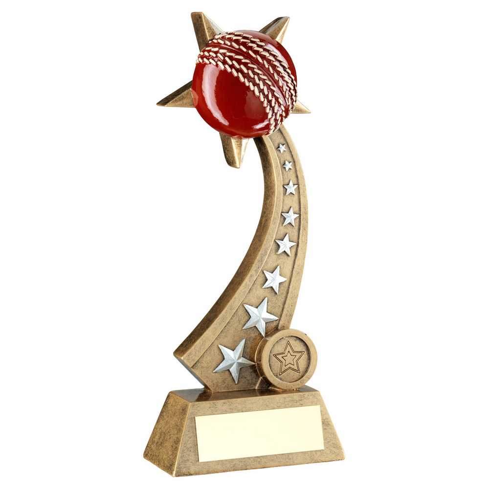 BRZ/PEW/RED CRICKET BALL ON STAR TRAIL WITH PLATE (1in CENTRE) - 8in