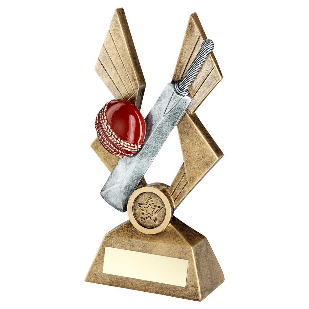 BRZ/PEW/RED CRICKET BALL AND BAT ON POINTED BACKDROP WITH PLATE (1in CEN) - 6in