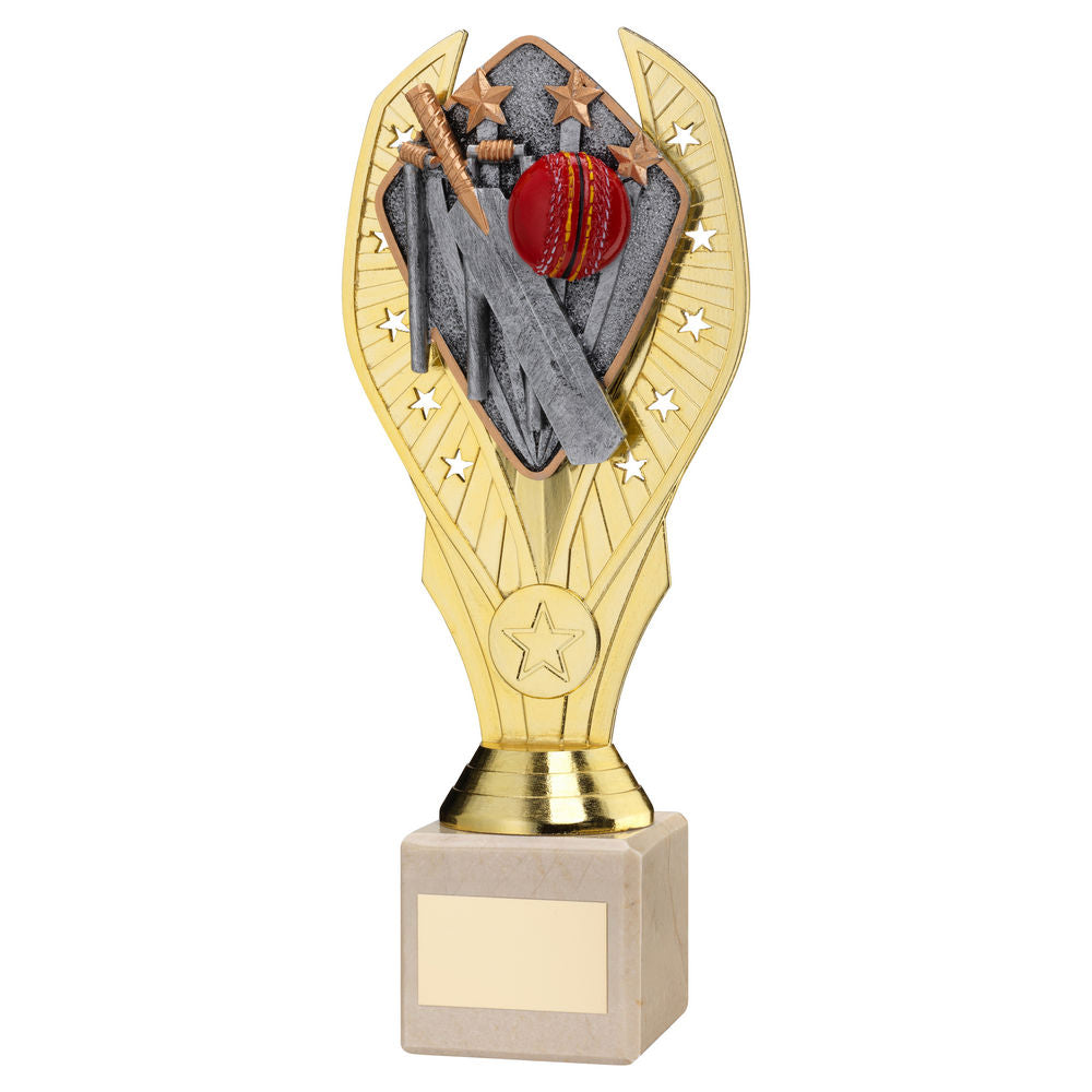 GOLD PLASTIC HOLDER + CRICKET DISC ON CREAM MARBLE TROPHY (1in CEN) - 11in