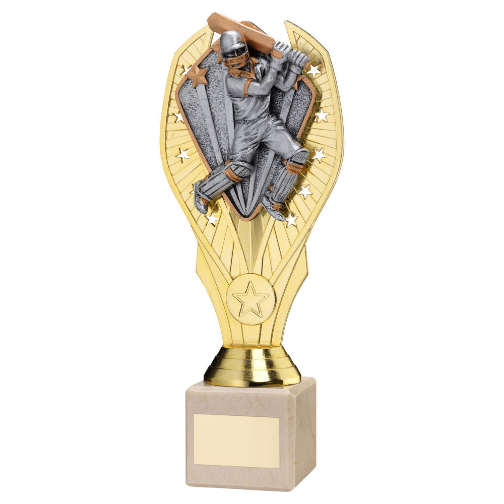 GOLD PLASTIC HOLDER + CRICKET BATSMAN DISC+CREAM MARBLE TROPHY (1in CEN) - 11in