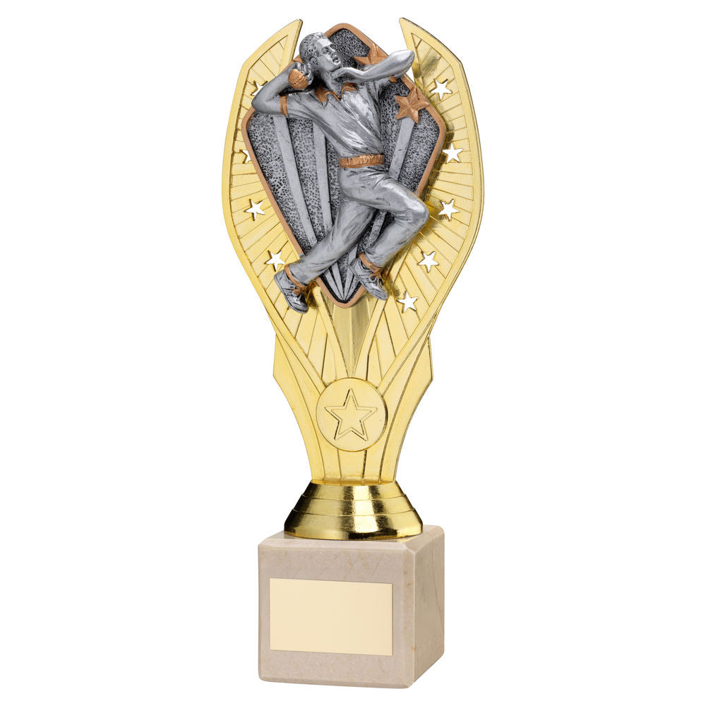 GOLD PLASTIC HOLDER + CRICKET BOWLER DISC & CREAM MARBLE TROPHY (1in CEN) - 9in