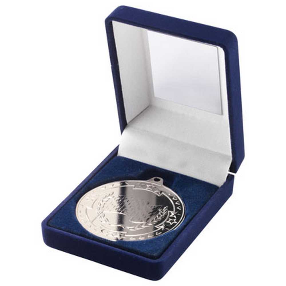 BLUE VELVET BOX AND 50mm MEDAL MOTOR SPORT TROPHY SILVER - 3.5in