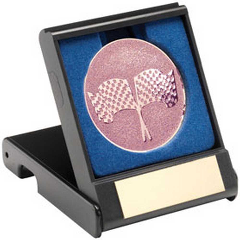 BLACK PLASTIC BOX WITH CROSSED FLAGS INSERT BRONZE - 3.5in