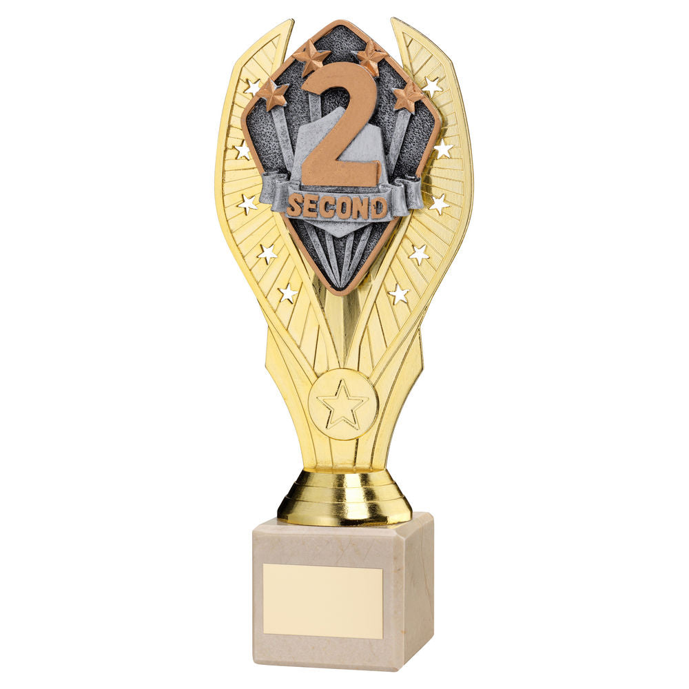 GOLD PLASTIC HOLDER + SECOND DISC ON CREAM MARBLE TROPHY (1in CEN) - 8.25in
