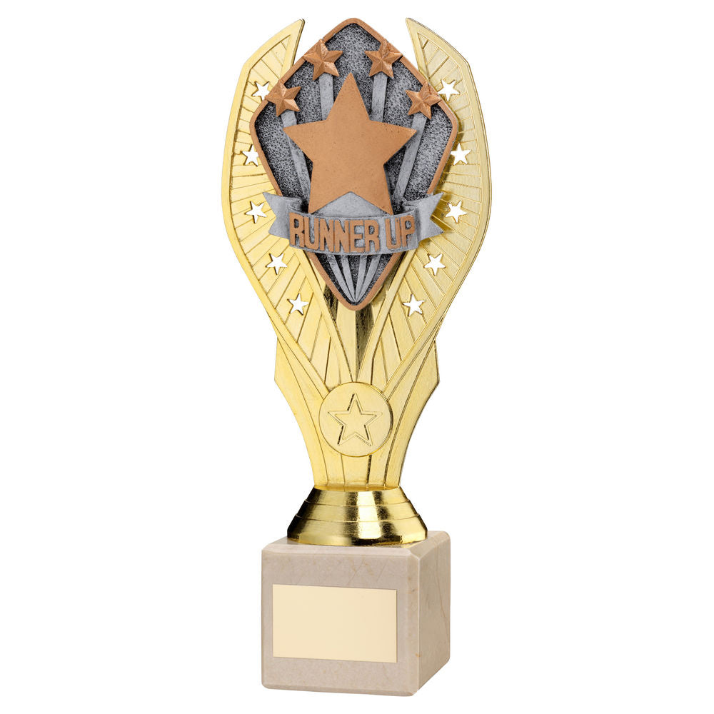 GOLD PLASTIC HOLDER + RUNNER UP DISC ON CREAM MARBLE TROPHY (1in CEN) - 10in