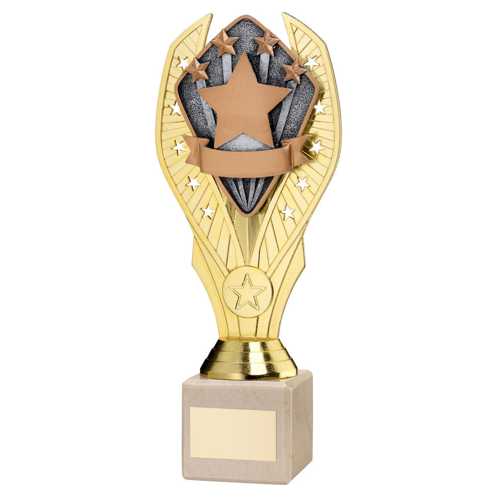 GOLD PLASTIC HOLDER + STARS DISC ON CREAM MARBLE TROPHY (1in CEN) - 8.25in