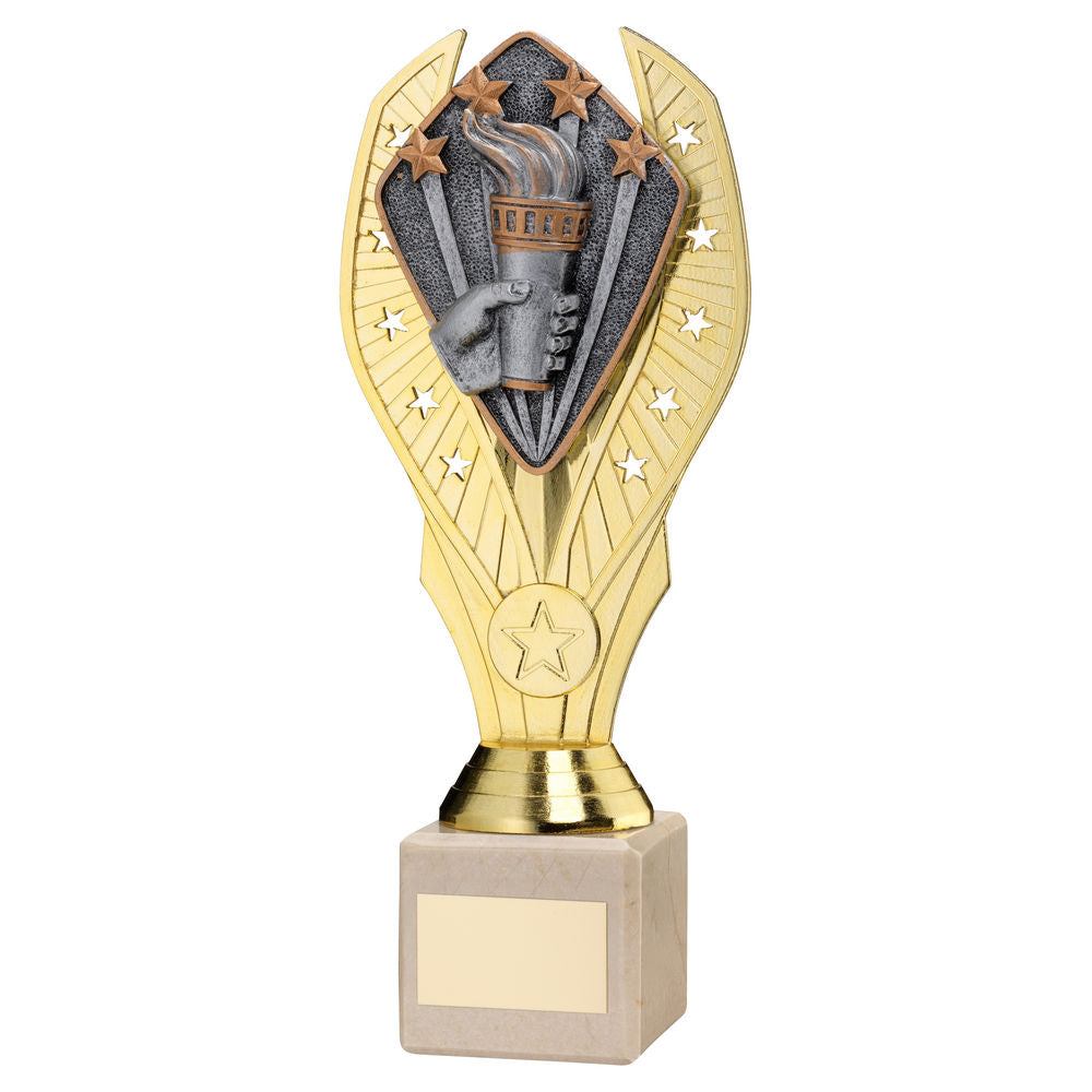 GOLD PLASTIC HOLDER+VICTORY TORCH DISC ON CREAM MARBLE TROPHY (1in CEN) - 11in