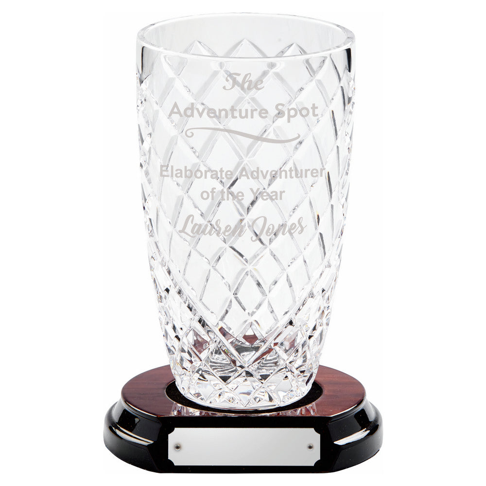 24% Lead Crystal Vase with Panel on Wood Base 315mm