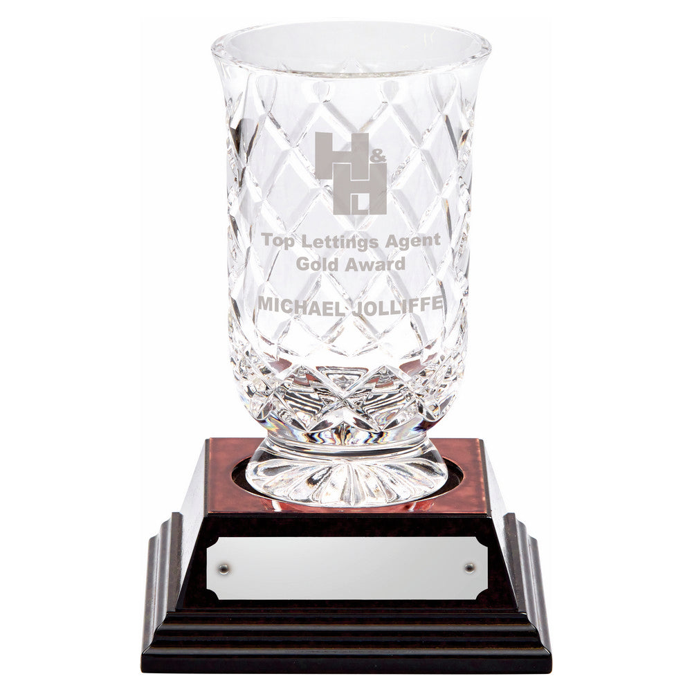 24% Lead Crystal Vase with Panel on Wood Base 300mm