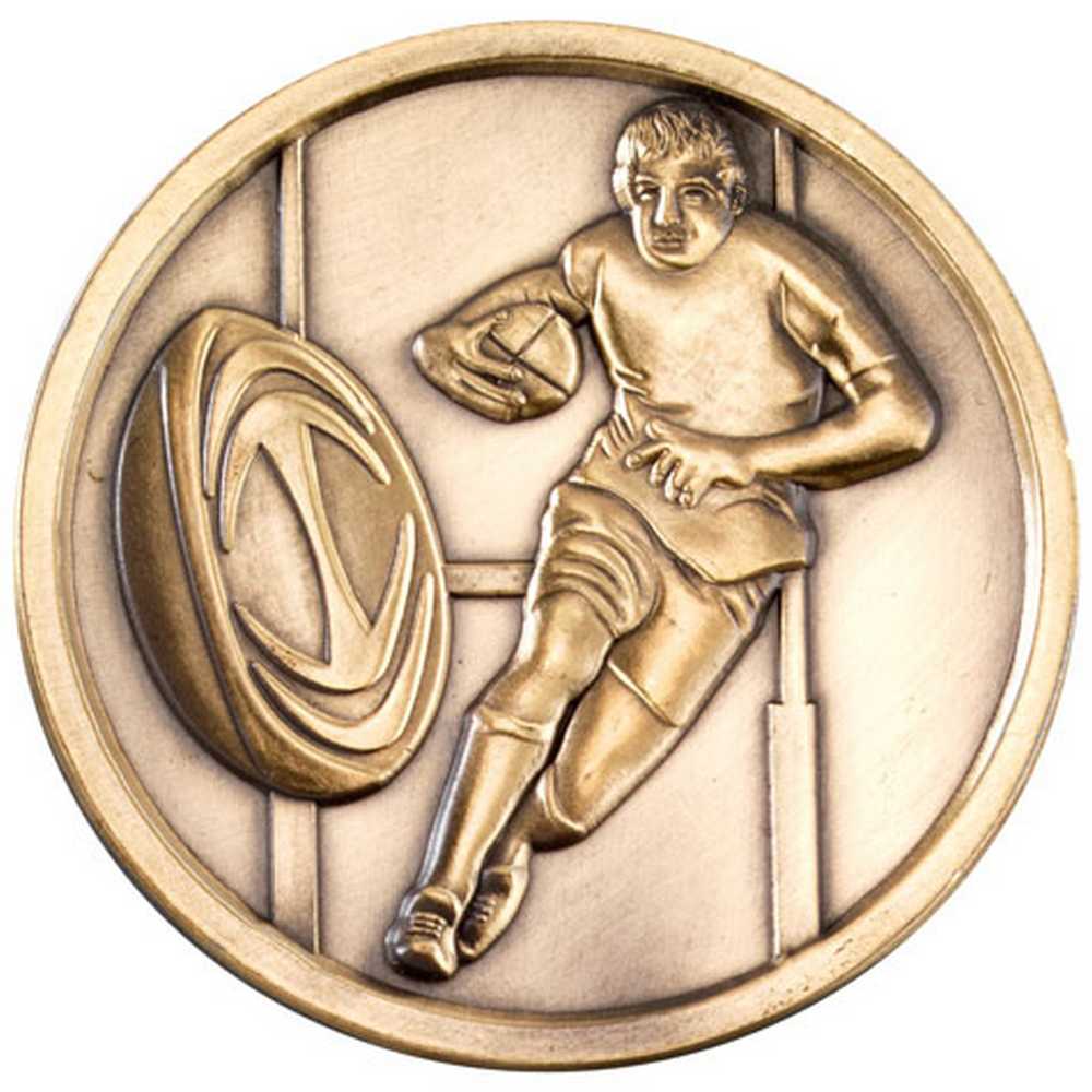 RUGBY MEDALLION ANTIQUE GOLD - 2.75in