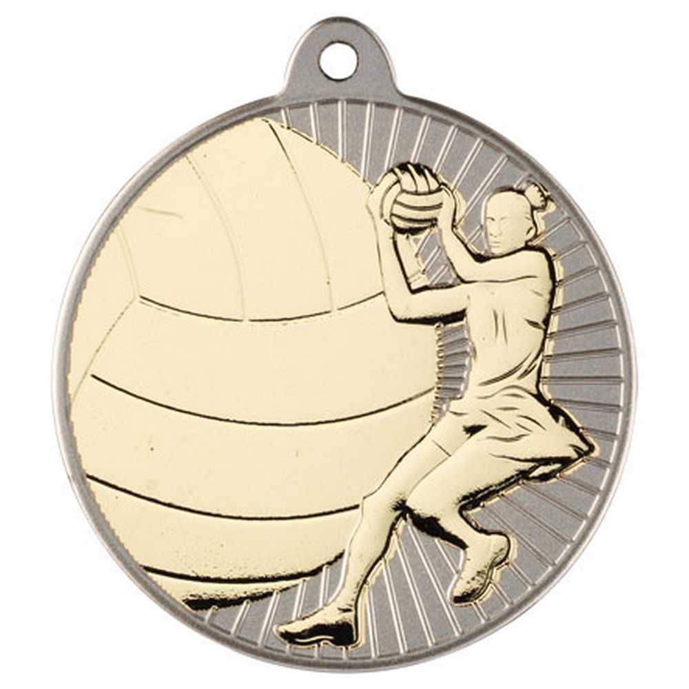NETBALL TWO COLOUR MEDAL MATT SILVER/GOLD - 2in