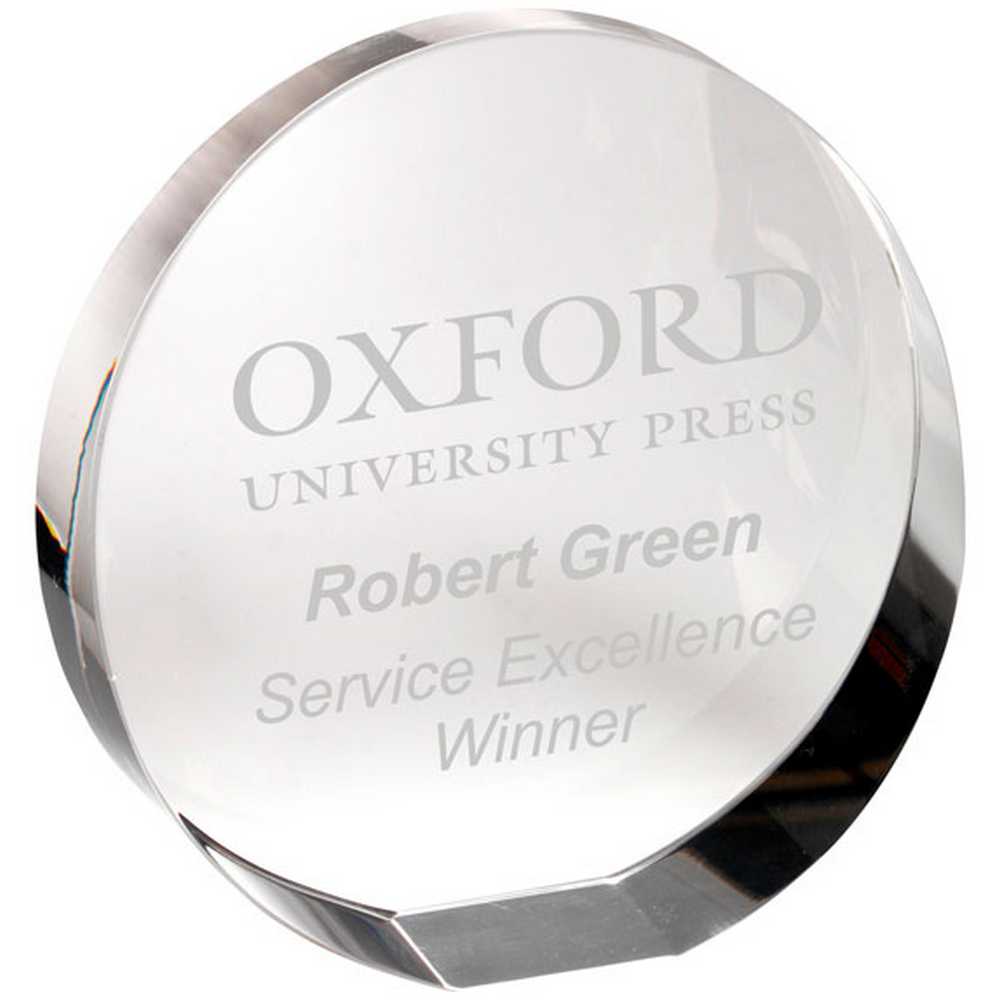 CLEAR GLASS ROUND WEDGED PAPERWEIGHT (FLAT OR STANDING) - 3.5in