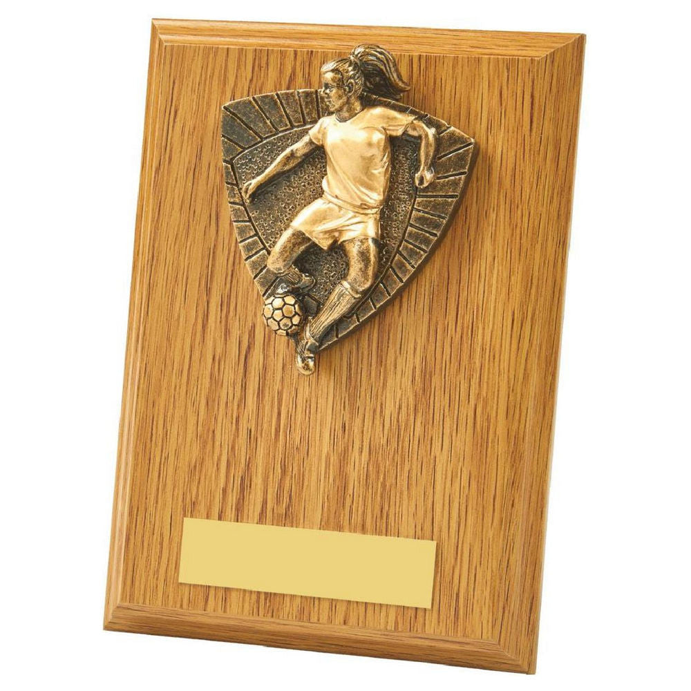 Female Footballer Wood Plaque Award 150mm