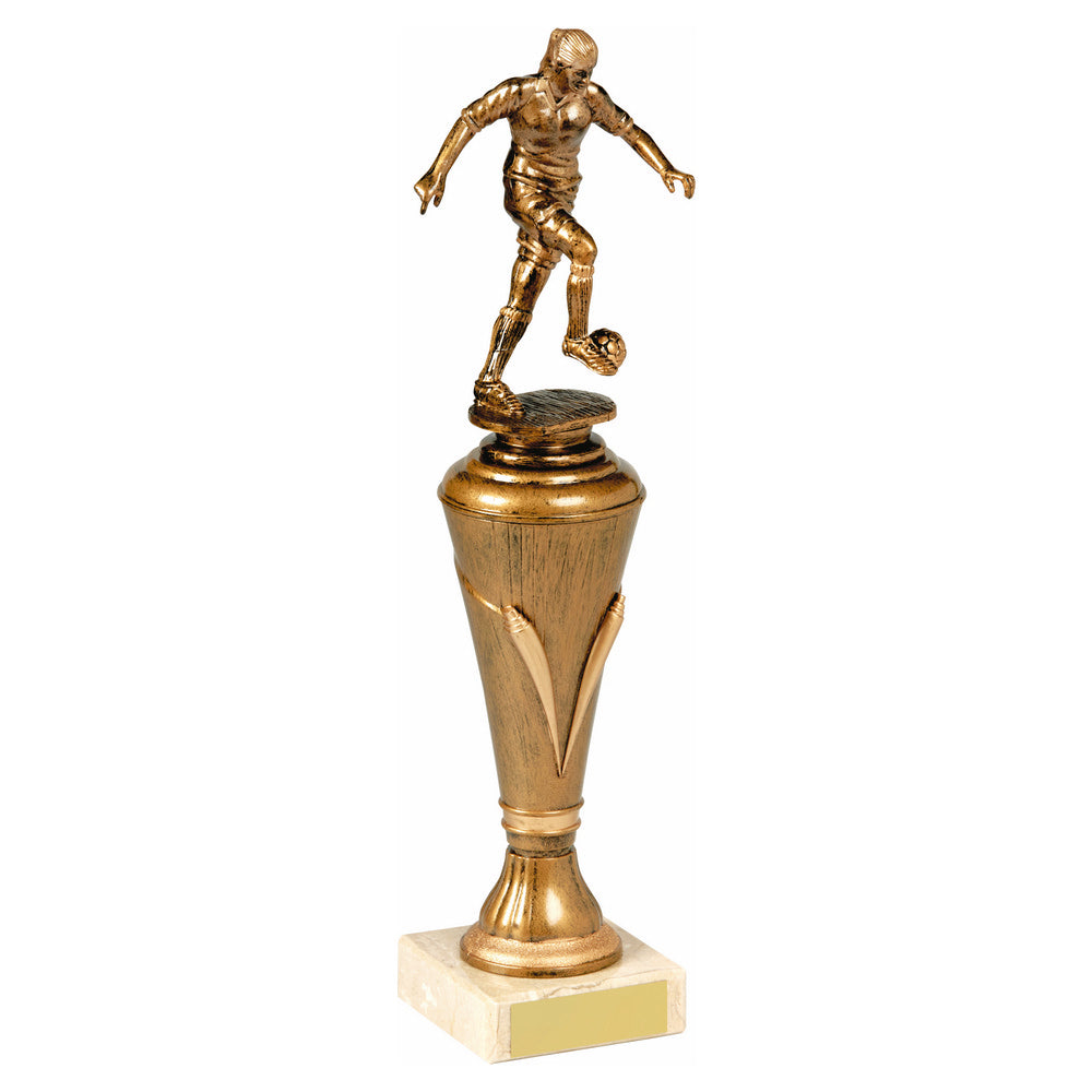 Antique Gold Female Football Pillar Trophy 350mm