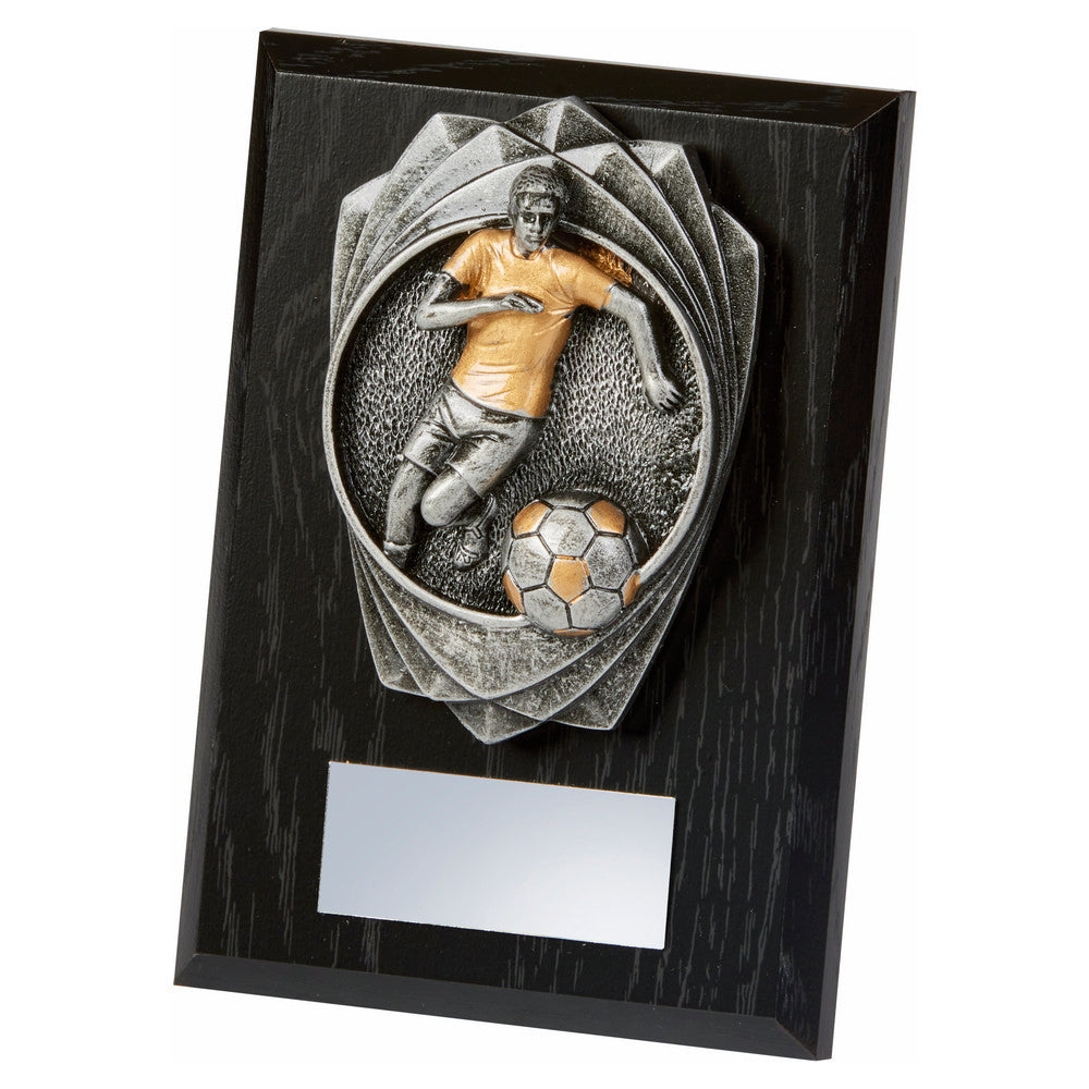 Antique Silver Male Footballer, Black Wood Award 150mm