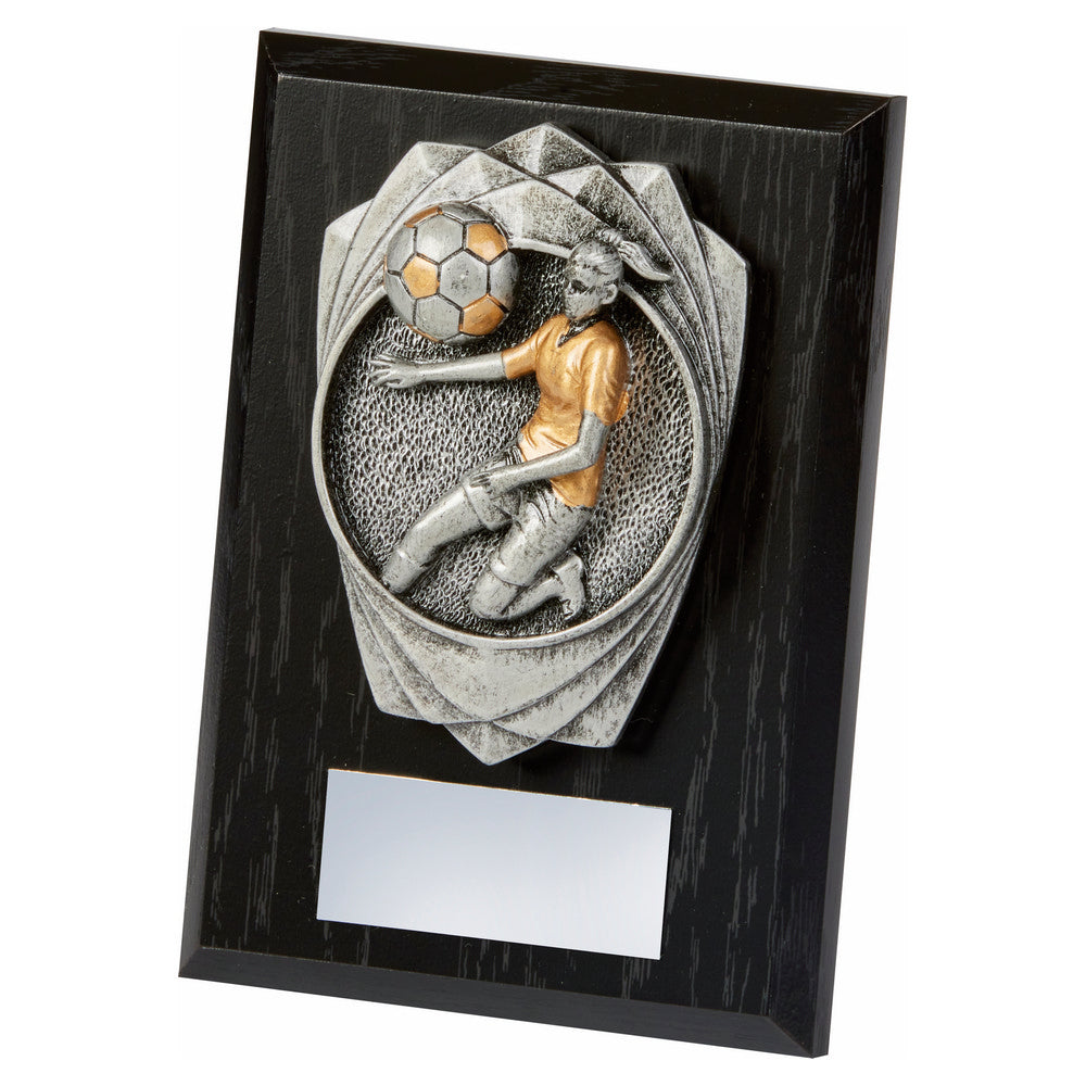 Antique Silver Female Footballer, Black Wood Award 150mm