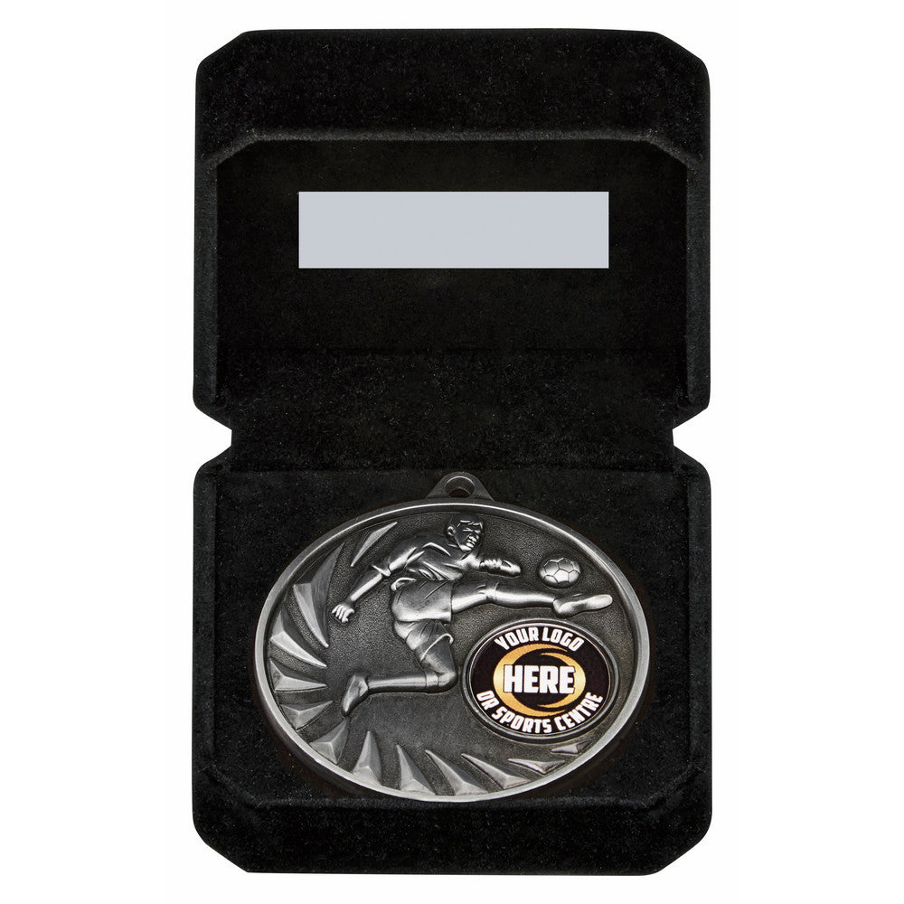 Silver Male Football Medal in Case 70mm