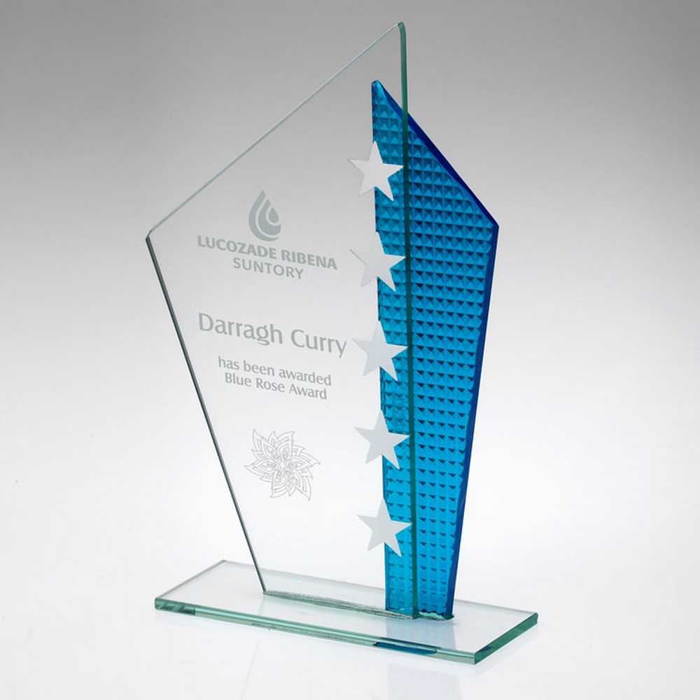 JADE GLASS PLAQUE WITH BLUE SHARD & SILVER STARS (4mm THICK) - 8in