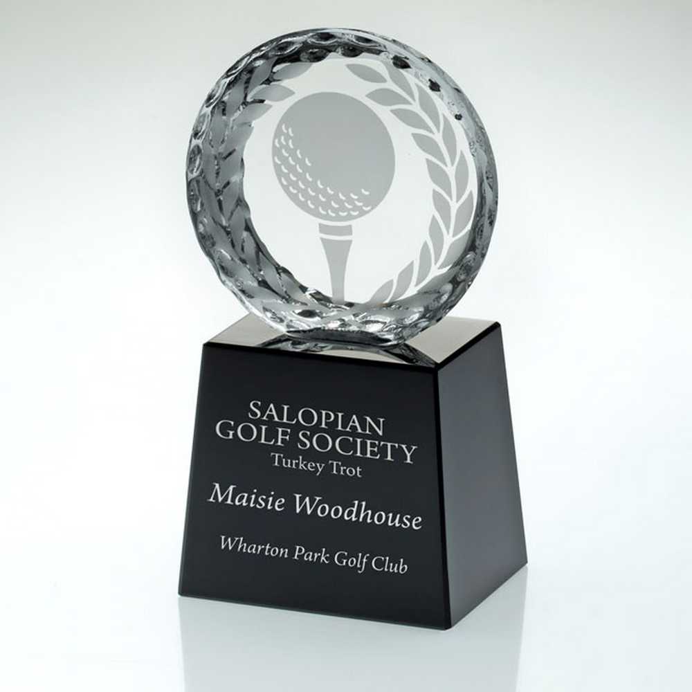 CLEAR GLASS GOLF CIRCLE WITH IMAGE ON BLACK PLINTH - 5.5in