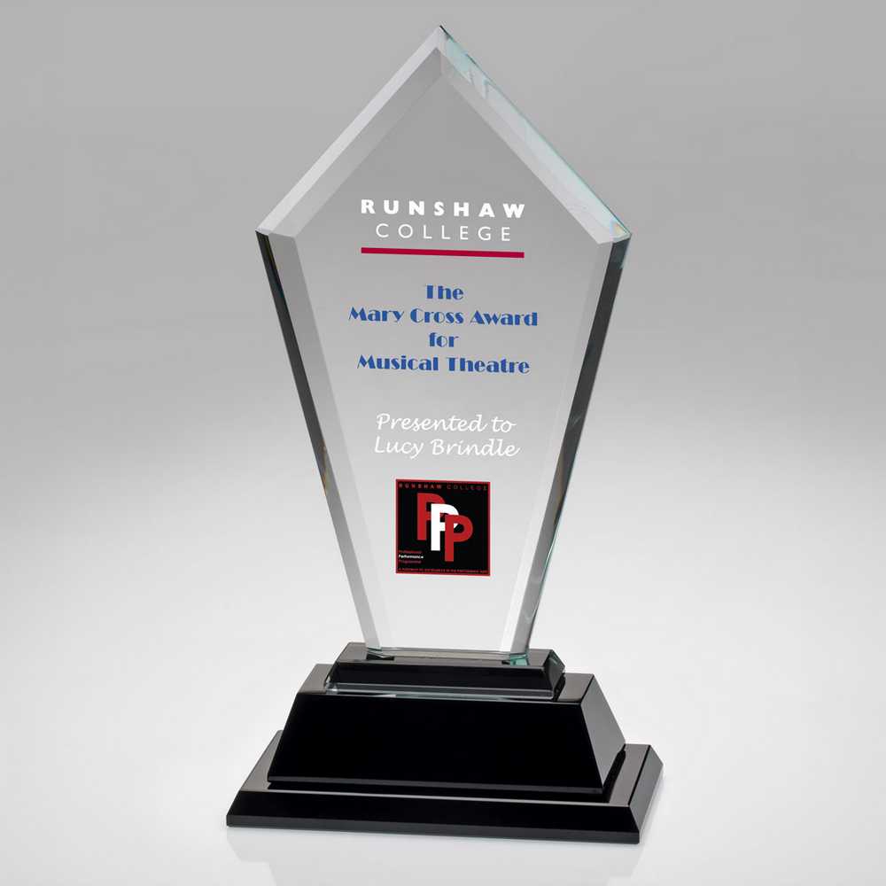 CLEAR GLASS TALL ARROW PLAQUE ON BLACK BASE (12mm THICK) - 12in