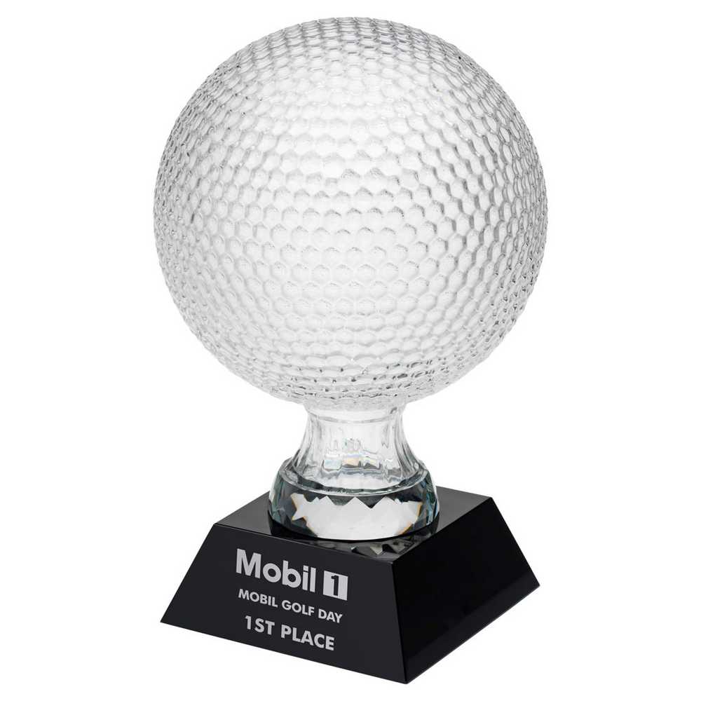 CLEAR GLASS GOLF BALL ON BLACK BASE - (4" DIA) 6.5in