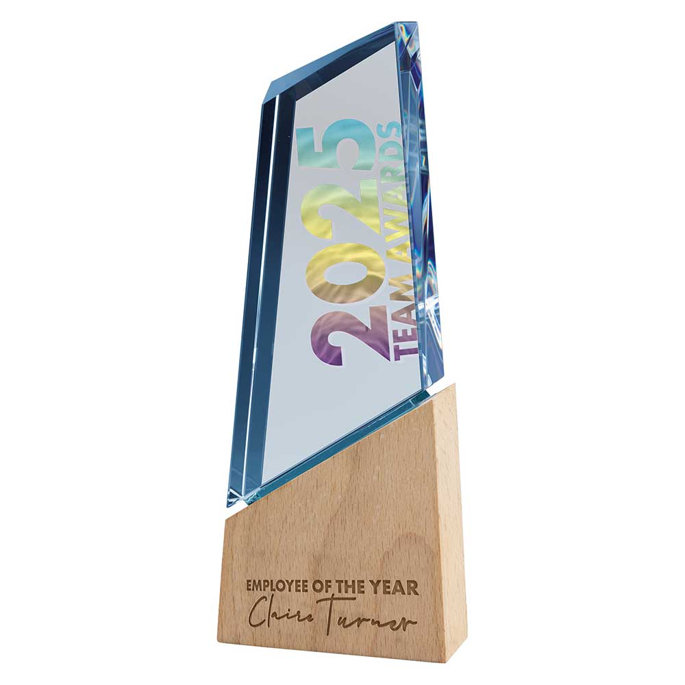 Mountain Peak Glass Award Clear & Beechwood 220mm  (35mm Thick)