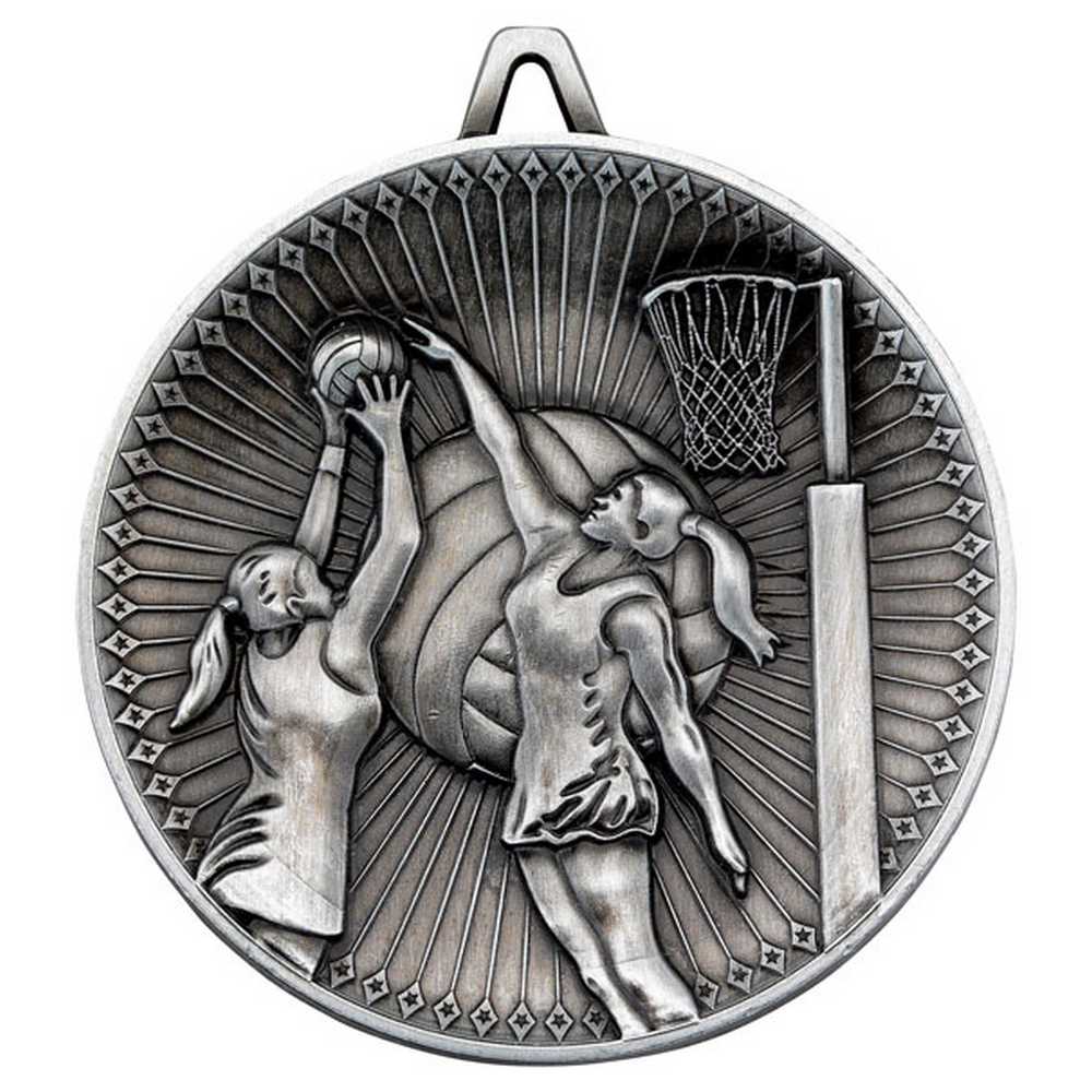 NETBALL DELUXE MEDAL ANTIQUE SILVER - 2.35in
