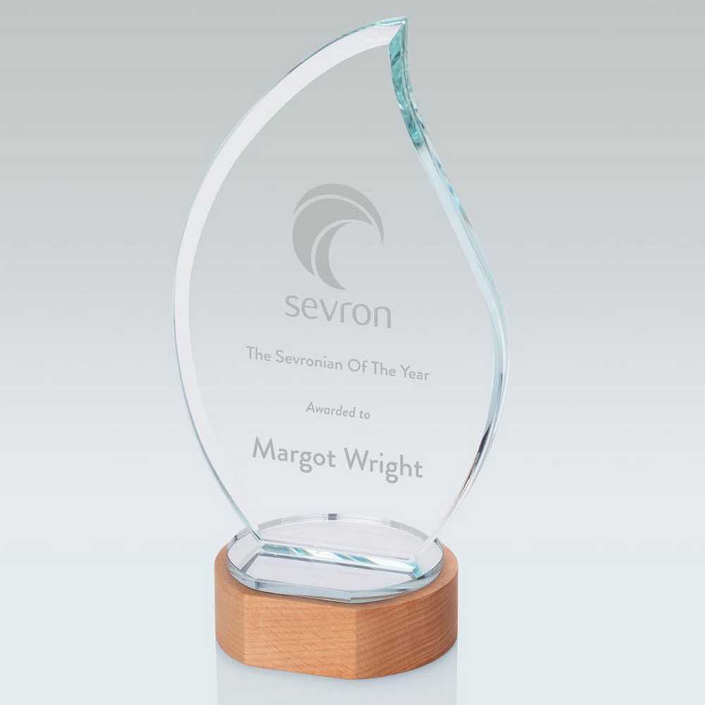 CLEAR GLASS FLAME ON LIGHT WOOD BASE (10mm THICK) - 9in